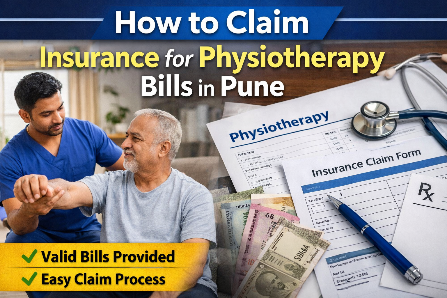 Patient in Pune receiving home physiotherapy while reviewing valid insurance claim bills and medical documents