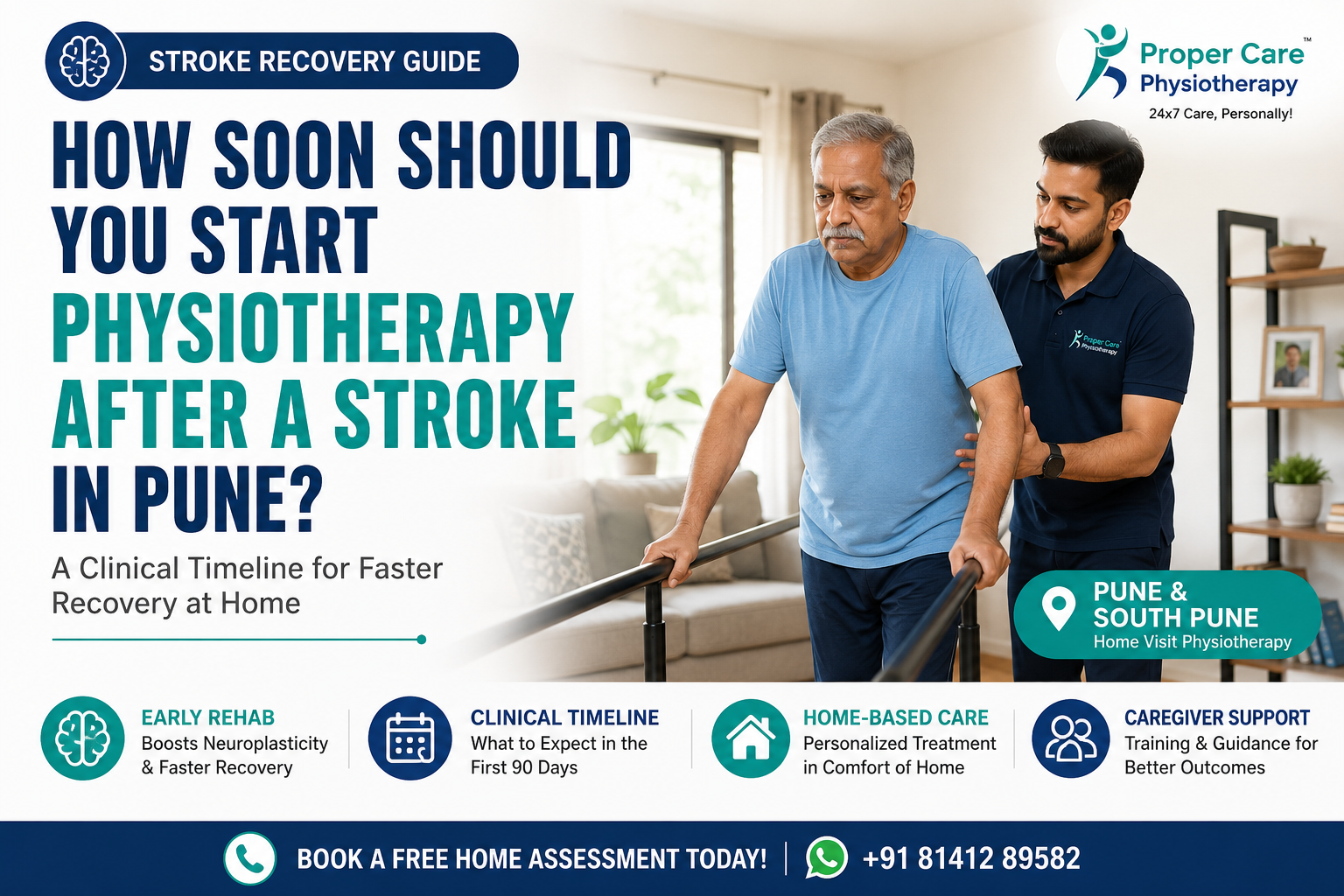 Physiotherapist guiding stroke patient through standing balance exercise during home visit in Pune