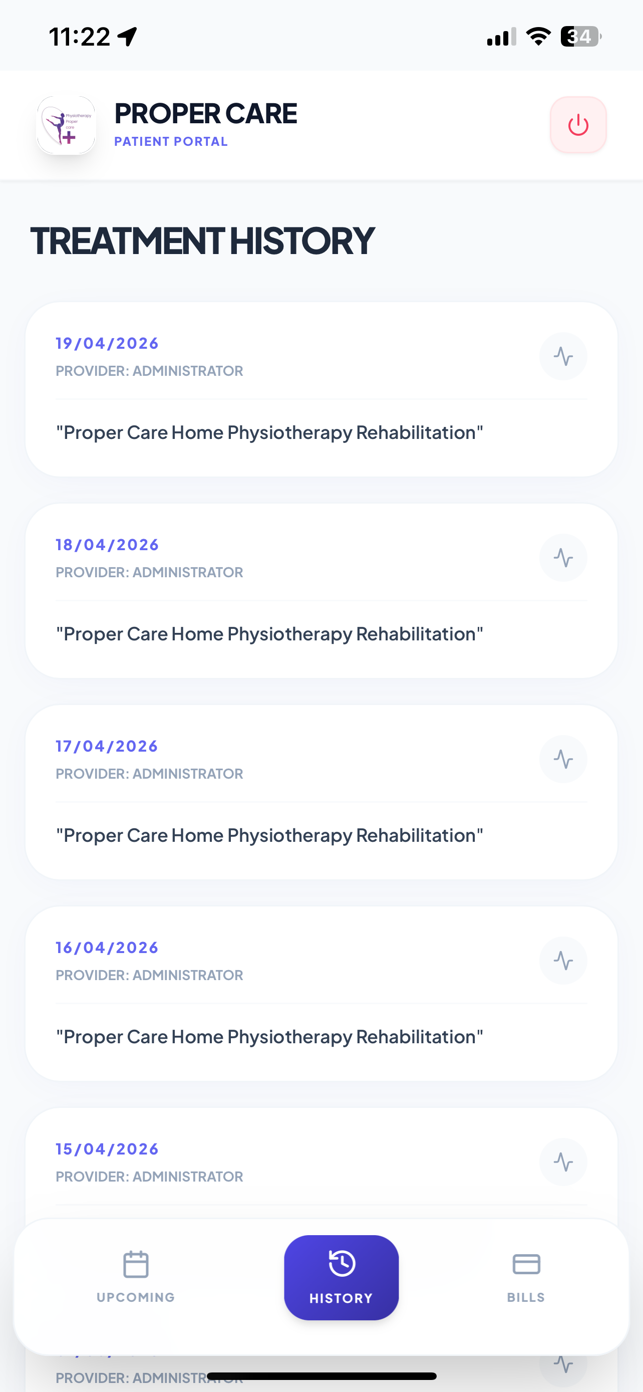 Proper Care patient portal treatment history screen