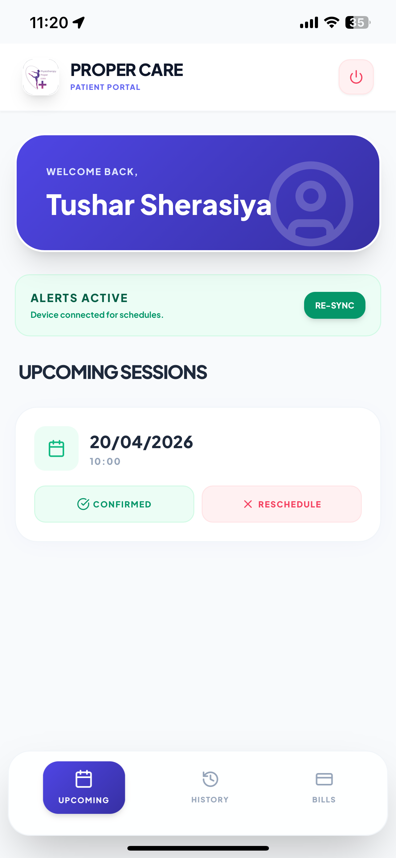 Proper Care patient portal upcoming sessions screen
